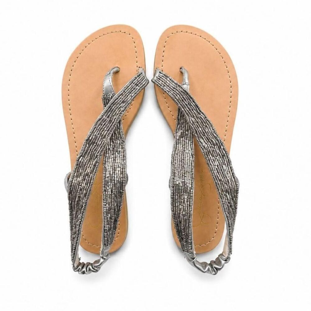 Jessica Simpson Womens Tan  Silver Bronze Beaded Sandals